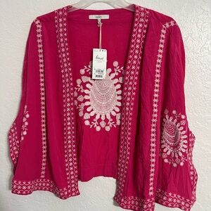 Next Generation Women Hot Pink Open Front Cardigan Top Size S/M Embroidery #348